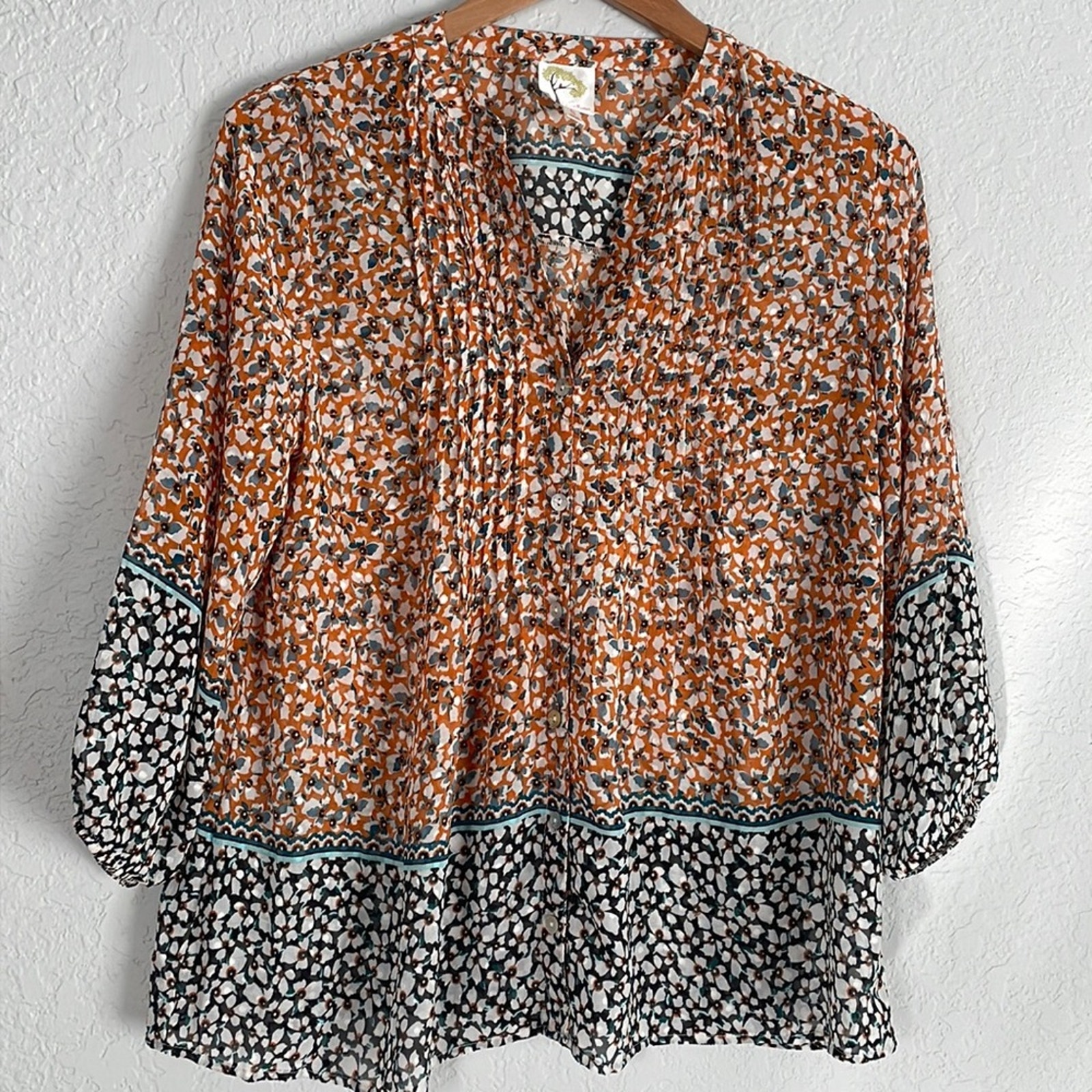 Fig And Flower Orange Floral Blouse Pleated Bib Fall Peasant Boho Semi Sheer